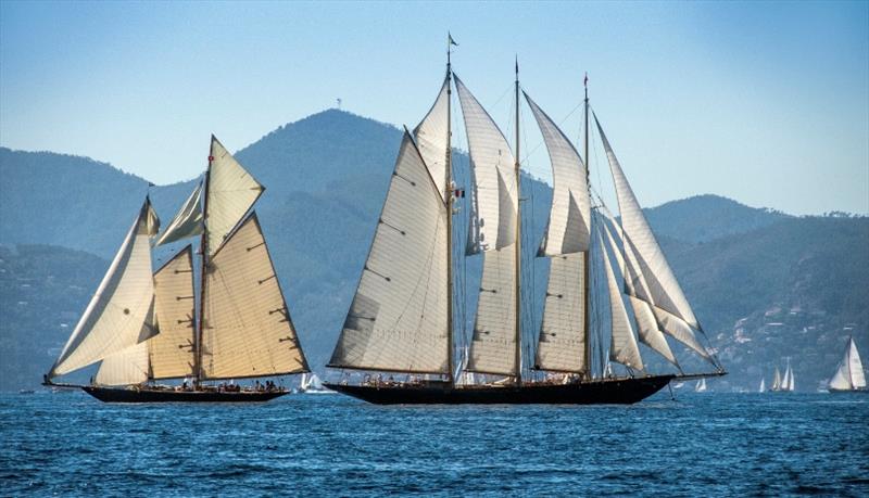 Mariette of 1905 with the recreated three masted-schooner Atlantic. - photo © Francesco e Roberta Rastrelli / Blue Passion 2018