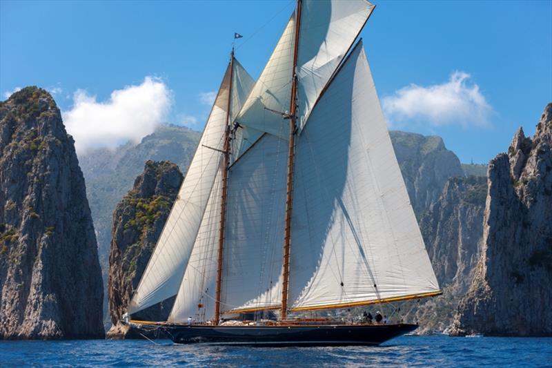 Mariette of 1915 closes on the Faraglioni prior to claiming round one of the Schooner Cup Series - Capri Classica 2019 photo copyright Gianfranco Forza taken at Yacht Club Capri and featuring the Classic Yachts class