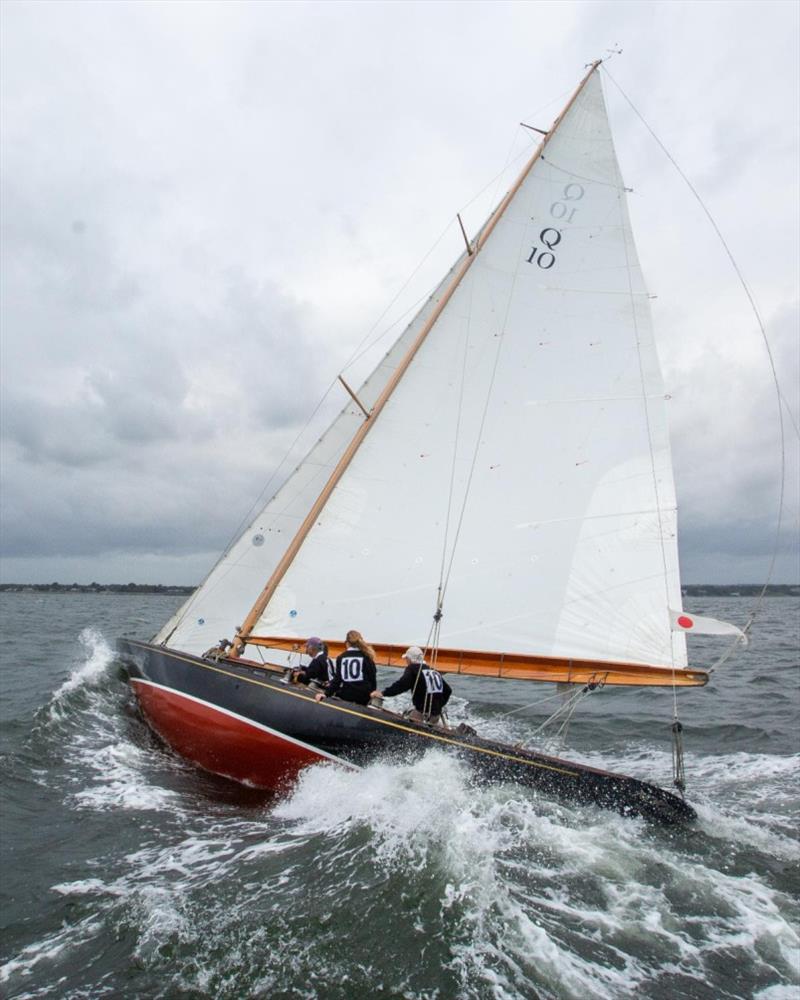 Nor'easter tackles the waves. Note the traditional crew uniforms - Classic Yacht Regatta 2019 photo copyright Mary Alice Carmichael taken at Indian Harbor Yacht Club and featuring the Classic Yachts class