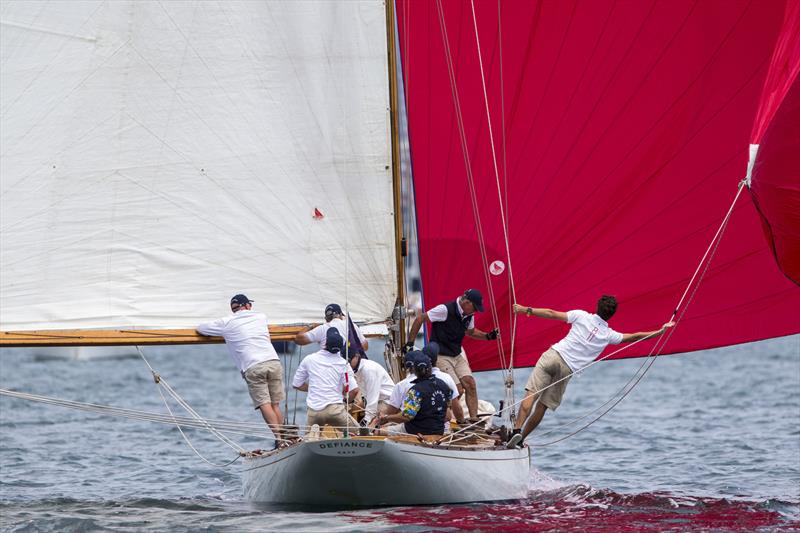 Transom tells us this is Nicole Shrimpton's Digby 8m, Defiance. Hawaiian Shirt tells us it is Nev Wittey on the tiller photo copyright Andrea Francolini taken at Cruising Yacht Club of Australia and featuring the Classic Yachts class