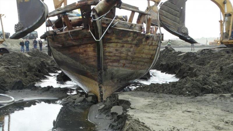 Excavation - prior to the retrieval of the remains of the 53ft Daring lost in 1865 at the entrance to the Kaipara Harbour - photo © Classic Yacht Charitable Trust