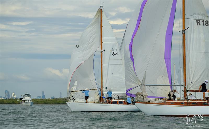 Downwind Startline with the city backdrop - Vintage Yacht Regatta photo copyright Mitch Pearson / Surf Sail Kite taken at Queensland Cruising Yacht Club and featuring the Classic Yachts class