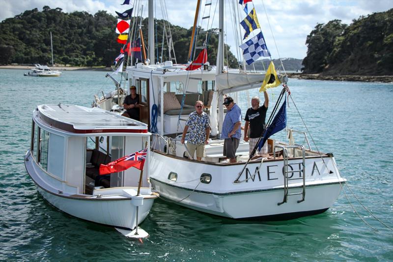 The former workboat Meola with the converted electric engined cutter (solar panels on cabin top) - Mahurangi Regatta - January 29, 2022 photo copyright Richard Gladwell - Sail-World.com/nz taken at  and featuring the Classic Yachts class