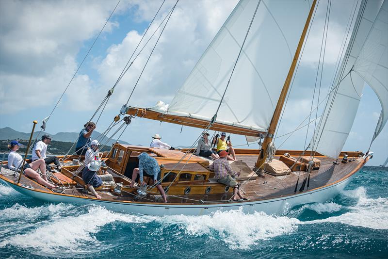 The Blue Peter, a 1930 Alfred Mylne 65, wisely runs a reef in big breeze on day 3 of the St. Maarten Heineken Regatta photo copyright Laurens Morel taken at Sint Maarten Yacht Club and featuring the Classic Yachts class