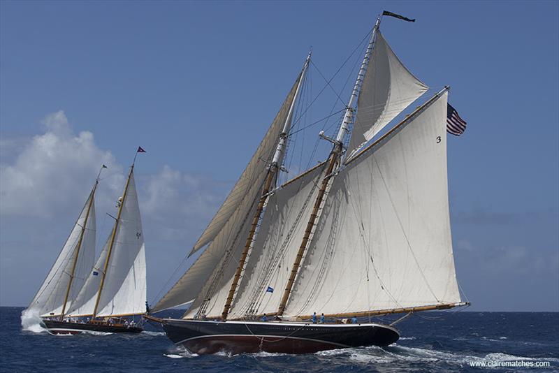 Schooners Aschanti and Columbia hotly competing - 2022 Antigua Classic Yacht Regatta photo copyright Claire Matches / www.clairematches.com taken at Antigua Yacht Club and featuring the Classic Yachts class