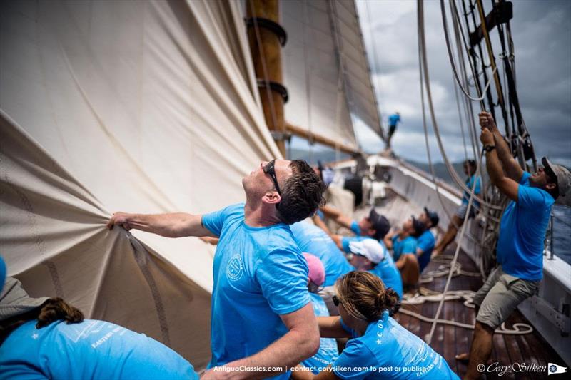 On board Columbia - 2022 Antigua Classic Yacht Regatta photo copyright Cory Silken taken at Antigua Yacht Club and featuring the Classic Yachts class