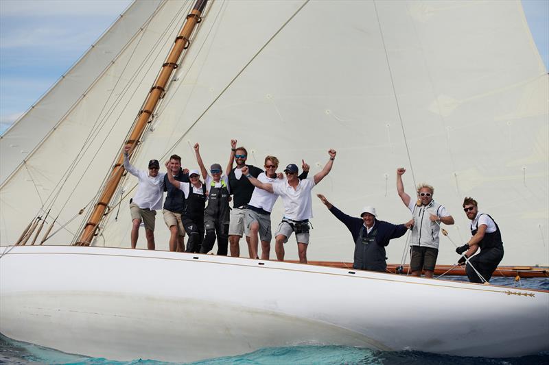 Kismet's crew celebrate their victory in the Gstaad Yacht Club Centenary Trophy 202 photo copyright Juerg Kaufmann / GYC taken at Gstaad Yacht Club and featuring the Classic Yachts class