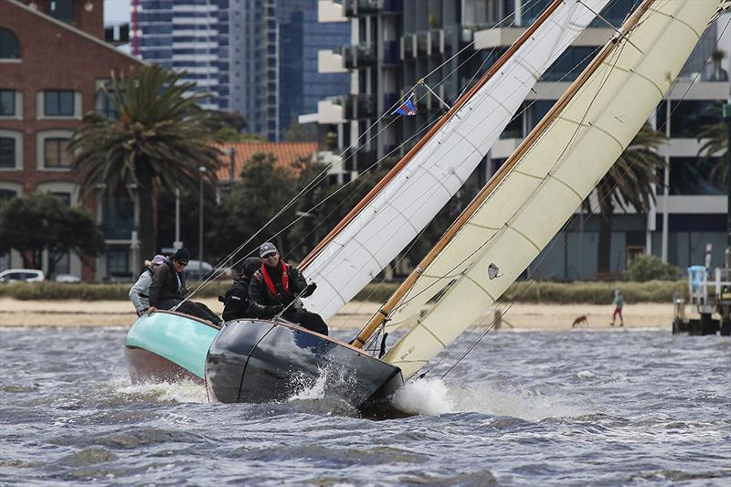 Sirocco skippered by Charlie Salter and Yvonne skippered by David Allen had a great tussle in the second race of the day with Sirocco eventually taking out first place on corrected time photo copyright A. J. McKinnon taken at Royal Yacht Club of Victoria and featuring the Classic Yachts class