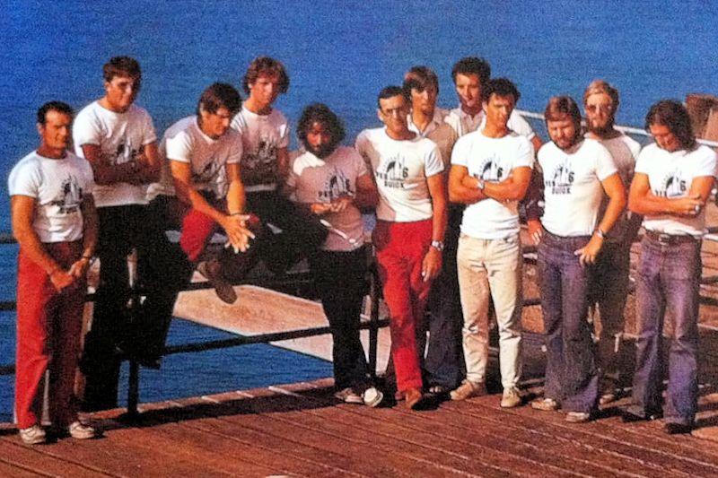 Pen Duick VI Crew (L-R): Éric Tabarly, Patrick Phelipon, Jean-Philippe Chaboud, Pierre Montsaingeon, Beranard Rubinstein, Patrick Tabarly; Marc Pajot, Antoine Croyere, Patrick Meulemeester, Jean-Pierre Dagues, Pierre Leboutet, Olivier de Kersauson photo copyright Patrick Phelipon taken at  and featuring the Classic Yachts class