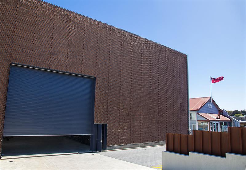 Industrial art installation - the dry stacker at the Wooden Boat Shop - each little panel is like a scale of a fish and moves in the breeze - photo © John Curnow