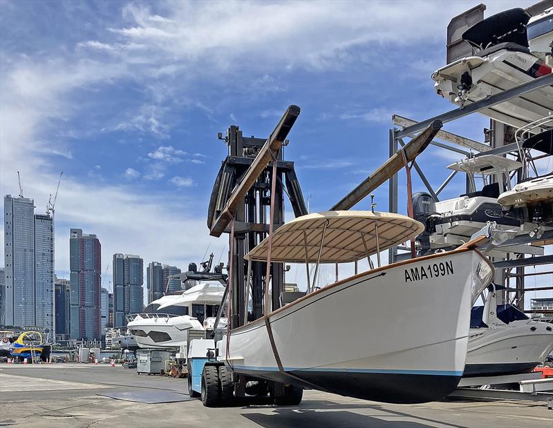 Kooyong 28 about to be splashed for the first time in Sydney - photo © The Wooden Boatshop