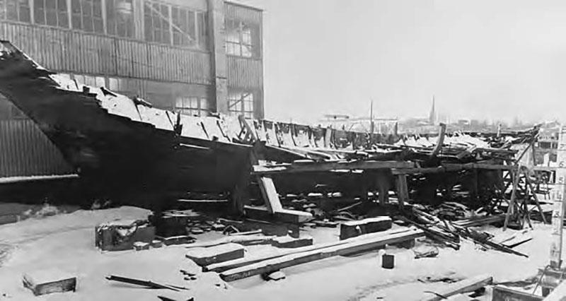Remains of America at the Annapolis Yacht Yard following the March 1942 shed collapse - photo © NATIONAL ARCHIVES AT COLLEGE PARK, MARYLAND, RG 19-LCM.