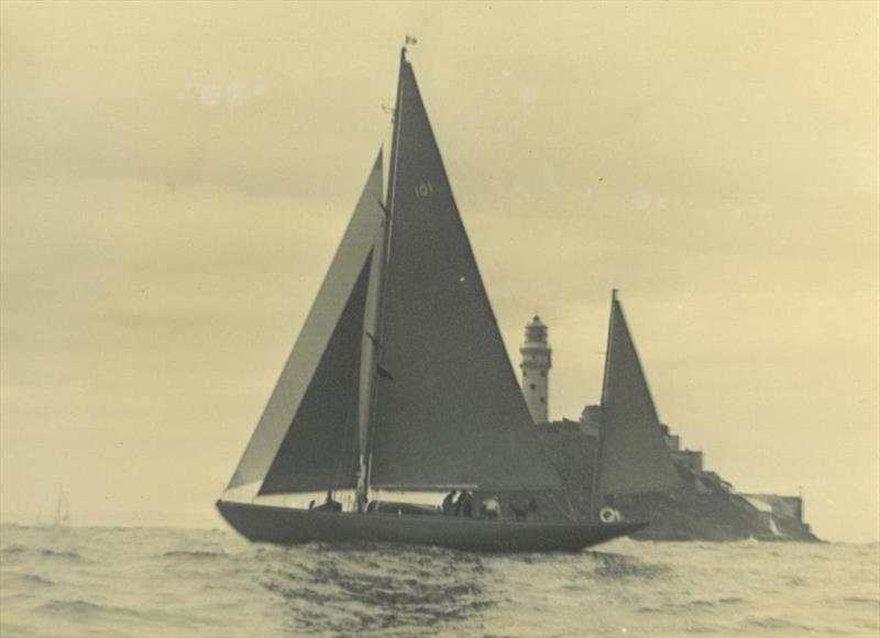 Isaac Bell's 1939 Fastnet Race winner Bloodhound at the Fastnet Rock. During the 1960s she was owned by the Royal Family - photo © RORC