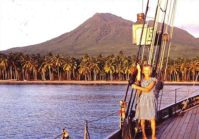 The author's daughter at Pinney's Beach, Nevis, 1984. The inspiration for the book's Two Mile Beach - photo © Tom Cunliffe