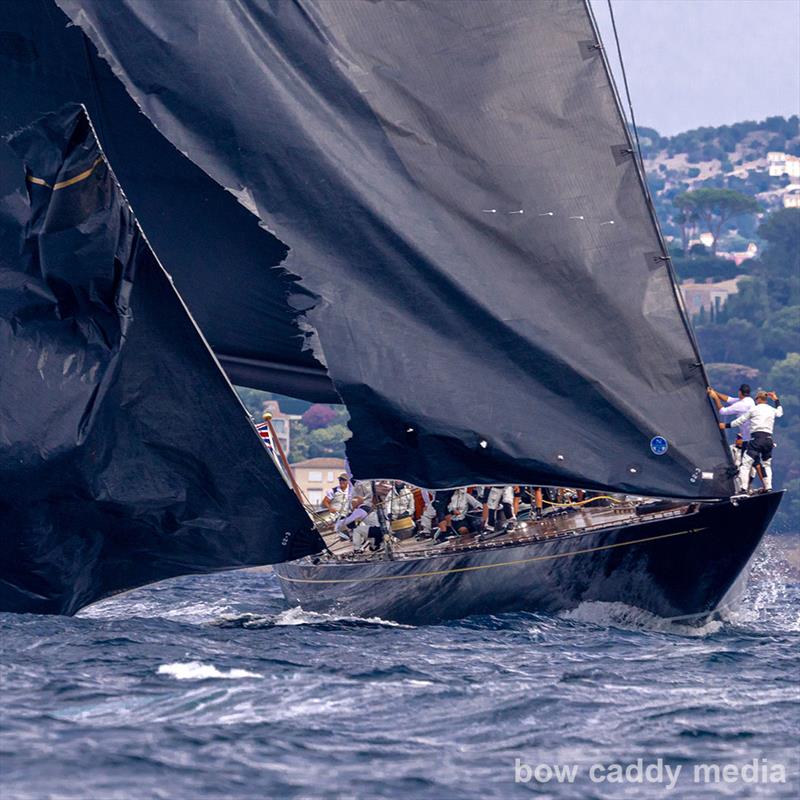Hanuman's genoa tears while heading upwind from the start photo copyright Bow Caddy Media taken at Société Nautique de Saint-Tropez and featuring the Classic Yachts class