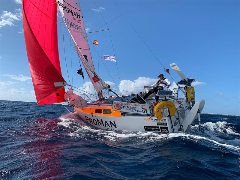 Michal (in the picture)  and Etienne - the leaders of the first leg - sailing the shorter course west of Fuerteventura photo copyright Eli Van den Broek taken at  and featuring the Class Mini 5.80 class