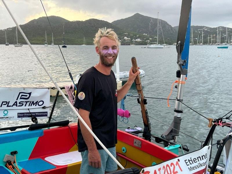 “I did not sleep much in the last three days, it's been intense but I'm very happy to be here in Antigua.” Said Etienne on his arrival photo copyright Alison Sly-Adams taken at  and featuring the Class Mini 5.80 class