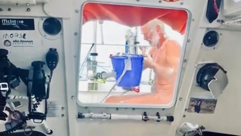A simple daily routine becomes an extreme challenge on the high seas. This is how you shower aboard the tiny ALMA CG580, as demonstrated by sailor Adam, onboard his Little Wren - photo © Adam Waugh / MGR2025