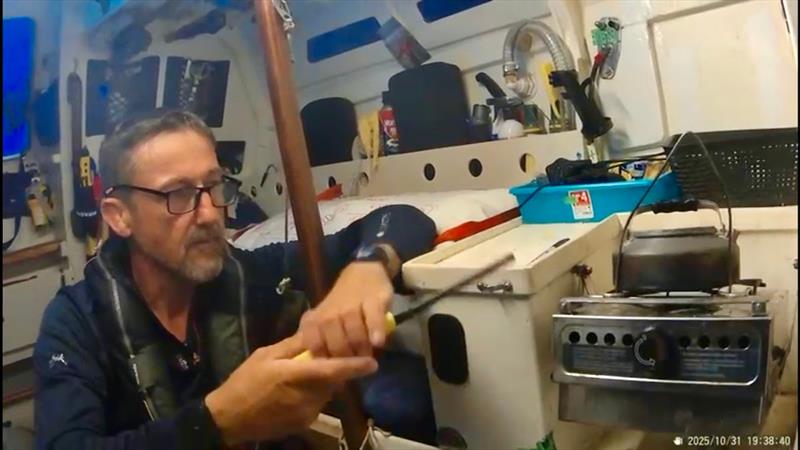 Pushing hard to close the gap. Jakub Ziemkiewicz battles exhausting downwind rolls and a limited sail inventory to keep Bibi balanced and racing. Life onboard is not easy - photo © Jakub Ziemkiewicz / MGR2025