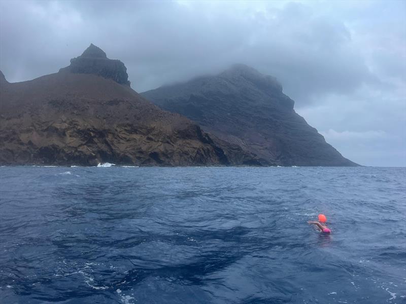 In St Helena, Jasmine took on a surprise island challenge: an overnight attempt to swim around the island. Battling rough seas, she covered around 30 miles over 18.5 hours before a huge Jamestown welcome—then sailed on toward Recife, Brazil - photo © Josh Kali / MGR2025