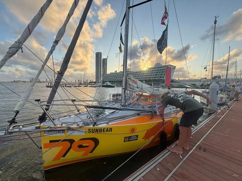 The oldest skipper in the fleet, Eric Marsh (#79 Sunbear / AUS), has arrived in Recife — proof that sailing keeps you young. Will any future Mini Globe Race skipper ever break Eric's age record? - photo © Christine Turner