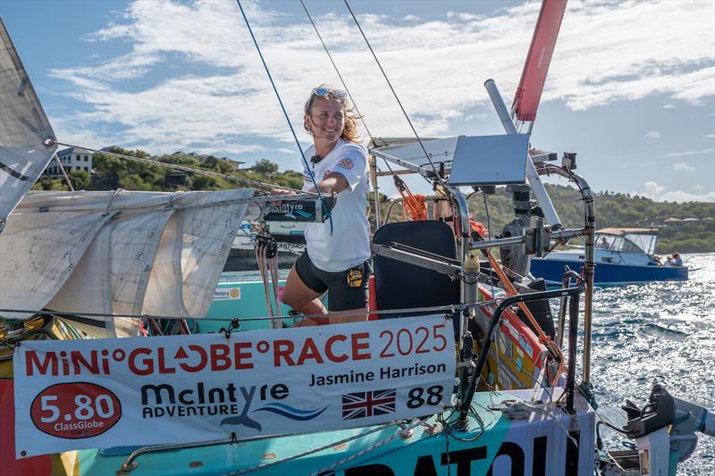 26-year-old Jasmine Harrison from the UK crosses the finish line of the 28,000-mile solo 2025 Mini Globe Race with her Mini Starlink as a game changer for sponsors and follower engagement - photo © Rob Havill / MGR2025-26
