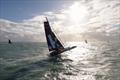 The Ocean Fifty Koesio, skippered by Erwan Le Roux and Audrey Ogereau, at the start of the Transat Café L'or on Saturday