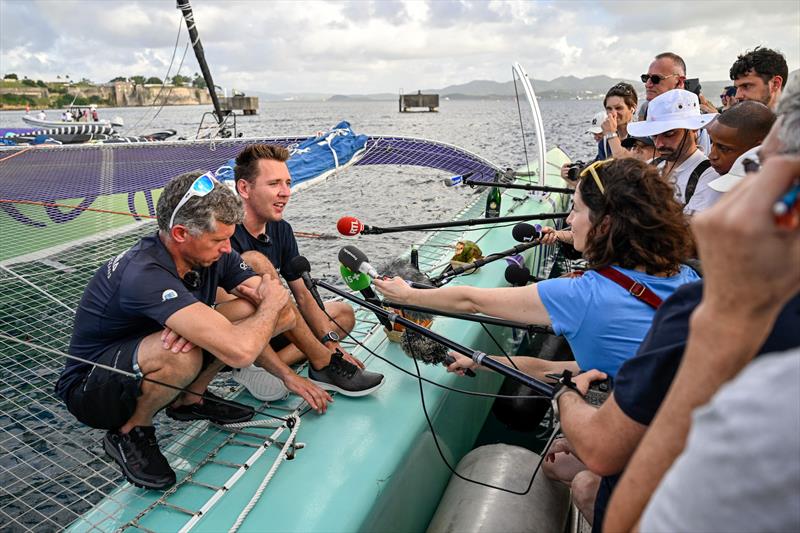 Baptiste Hulin and Thomas Rouxel on Viabilis Oceans win the OCEAN50 division of the Transat Café L'OR 2025 photo copyright Jean-Louis Carli / Alea taken at  and featuring the OCEAN50 class