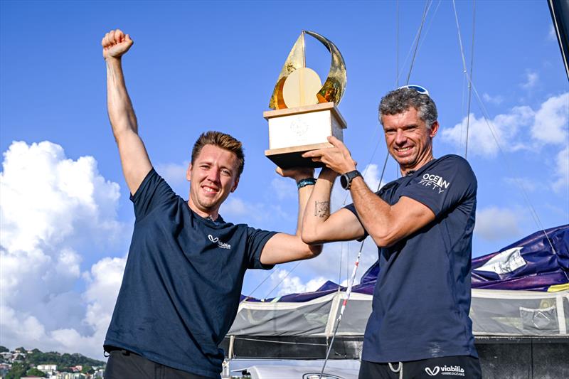 Baptiste Hulin and Thomas Rouxel on Viabilis Oceans win the OCEAN50 division of the Transat Café L'OR 2025 photo copyright Olivier Blanchet / Alea taken at  and featuring the OCEAN50 class