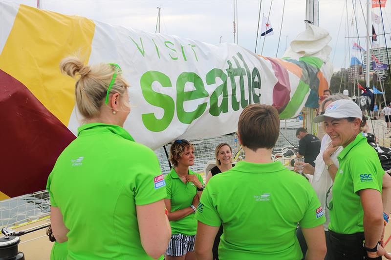 Skipper Nikki Henderson and some of her female Visit Seattle crew welcome guests onboard - Clipper Round the World Yacht Race 2017-18 photo copyright Clipper Race taken at  and featuring the Clipper 70 class