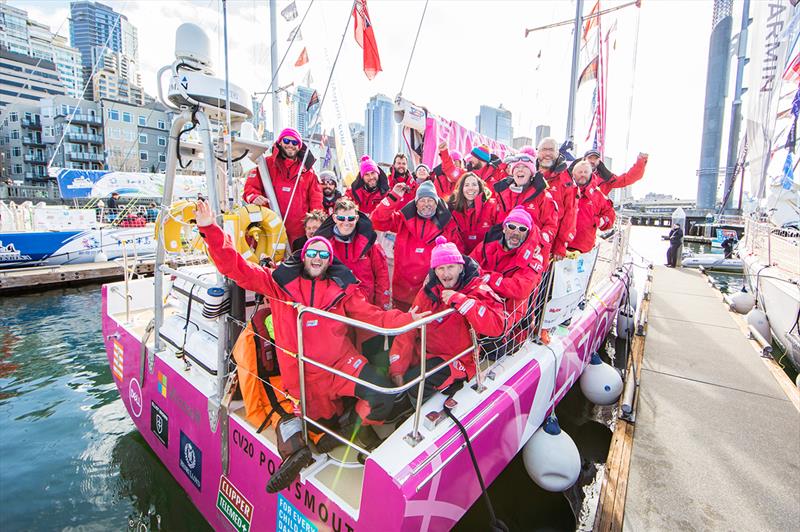 The bright pink bobble hats keep the crew of Liverpool 2018 warm - Clipper 2017-18 Race photo copyright Jean-Marcus Strole Photography taken at  and featuring the Clipper 70 class