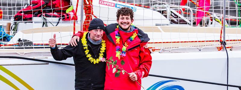 Victor and Benoit celebrate the team's fifth podium on arrival in Seattle photo copyright Jean-Marcus Strole Photography taken at  and featuring the Clipper 70 class