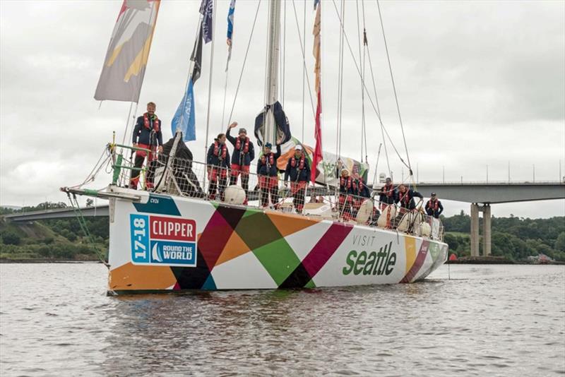 The Clipper Yacht, Visit Seattle arrives in First Place, in Derry-Londonderry on Monday after completing the LegenDerry transatlantic crossing from New York in the penultimate leg of the circumnavigation of the world photo copyright Martin McKeown / Clipper Race taken at  and featuring the Clipper 70 class