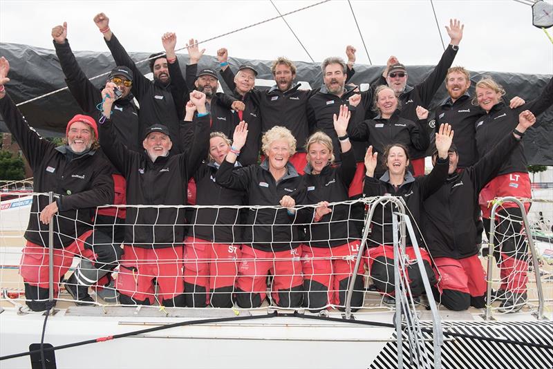 The Clipper Yacht, Garmin crew celebrate their arrival in Third place in Derry-Londonderry on Monday after completing the LegenDerry transatlantic crossing from New York in the penultimate leg of the circumnavigation of the world photo copyright Martin McKeown / Clipper Round the World Yacht Race taken at  and featuring the Clipper 70 class