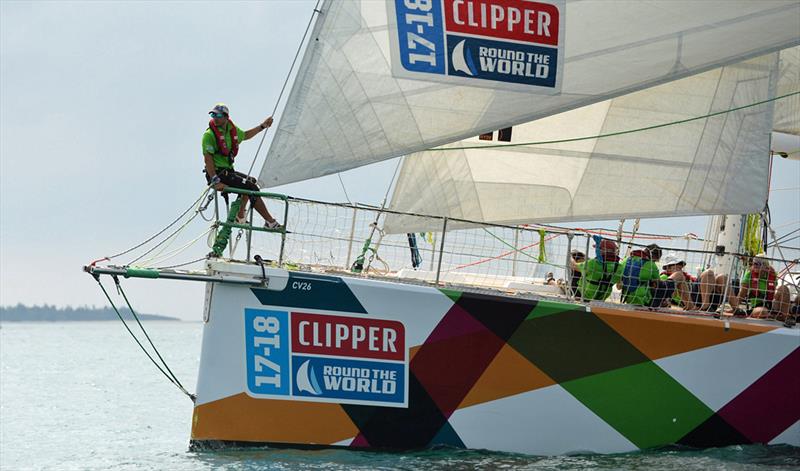 Simon on the bow of Clipper 70 Visit Seattle - Clipper Round the World Yacht Race - photo © Olli Geibel