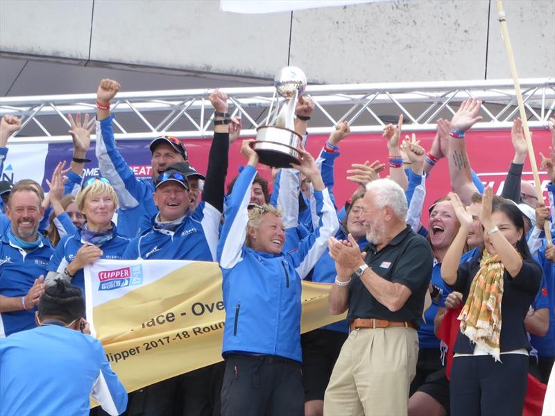 Wendy Tuck (with Clipper overall winner trophy), her crew and Sir Robin Knox-Johnston photo copyright Denise Wilson taken at Royal Melbourne Yacht Squadron and featuring the Clipper 70 class