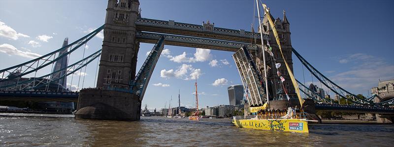 Clipper Race team, Punta del Este, passes through Tower Bridge London photo copyright Matthew Dickens taken at  and featuring the Clipper 70 class