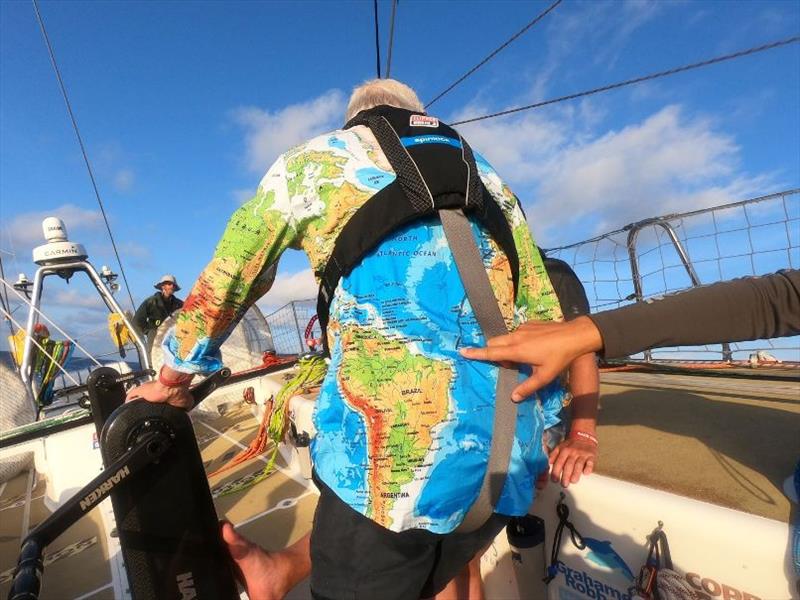 Dare To Lead crew member wears his equator crossing shirt - can you spot the route? -  The Clipper Race Leg 1 - Race 2, Day 16 photo copyright Clipper Race taken at  and featuring the Clipper 70 class