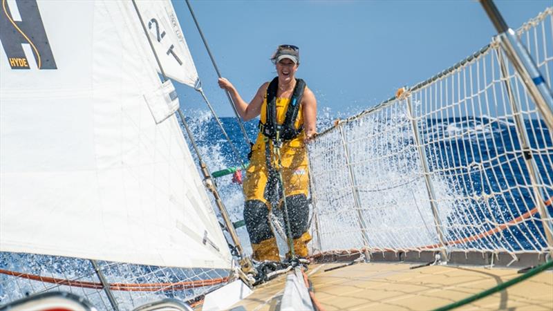 Rachael Burgess at the bow - The Clipper Race Leg 5 - Race 7, Day 5 photo copyright Maeva Bardy taken at  and featuring the Clipper 70 class