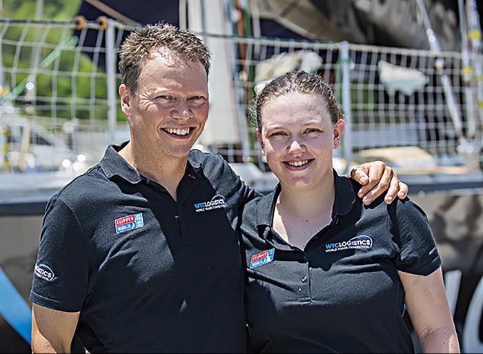 Ian and Iona Griffiths handing over the baton  photo copyright Brooke Miles Photography taken at  and featuring the Clipper 70 class