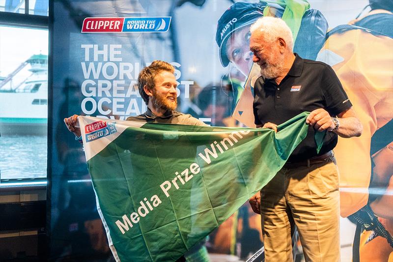 Clipper Race - Sir Robin Knox Johnston presents Danny Lee with the Media Prize photo copyright John Rourke taken at  and featuring the Clipper 70 class