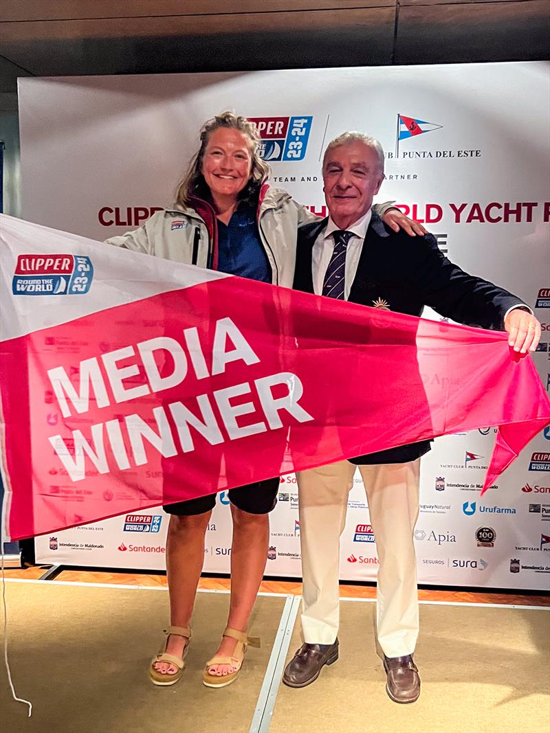 Leg 1 Media winner Jessica Fletcher receives media award from Gustavo Gonzalez Piedras - Race 2: Hundred Years Cup photo copyright Clipper Race taken at  and featuring the Clipper 70 class