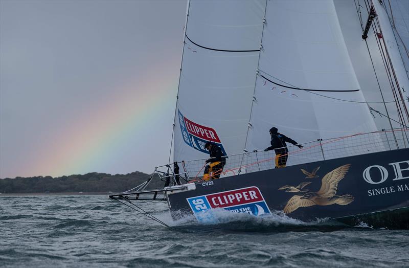A rainbow at the bow of Team Scotland as the Clipper 2025-26 Race gets underway - photo © Clipper Ventures