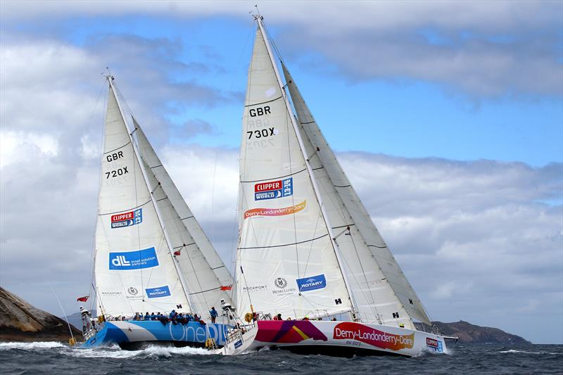 Teams One DLL and Derry-Londonderry-Daire of the Clipper Round the World Yacht Race during the start of race 5 in King George Sound, Albany, Western Australia photo copyright Paul Kane / AAP for Clipper Round the World Race taken at  and featuring the Clipper Ventures class