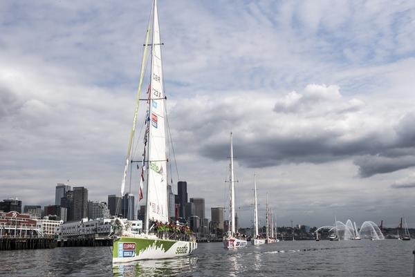 Visit Seattle yacht leads fleet in Parade of Sail by Seattle Waterfront photo copyright Clipper Ventures taken at  and featuring the Clipper Ventures class