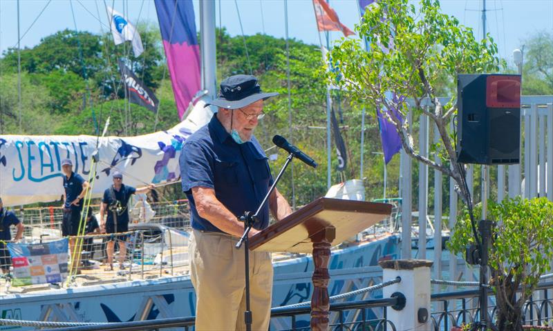 Sir Robin Knox-Johnston gives farewell remarks to the race crew - photo © Clipper Ventures