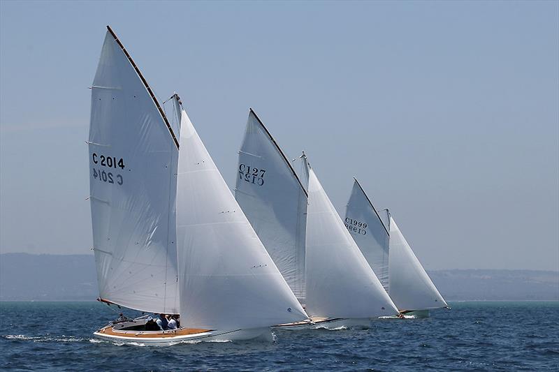 Jocelyn skippered by Mal Hart, Matida skippered by David Angus and Rhapsody skippered by Colin Mitchell perfectly positioned for this shot photo copyright A.J. McKinnon taken at Sorrento Sailing Couta Boat Club and featuring the Couta Boat class