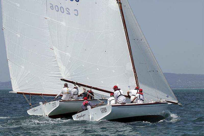 Zephyr skippered by Max Chester and The Barra skippered by Howard Critchley make their way to the hitch mark photo copyright A.J. McKinnon taken at Sorrento Sailing Couta Boat Club and featuring the Couta Boat class