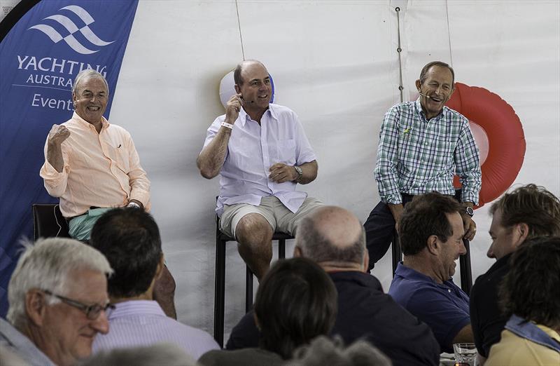 The 2014 Portsea Cup, where Andrew Plympton held an informal, yet clearly highly amusing information session with Matt Allen and Victor Kovalenko photo copyright A.J. McKinnon taken at Sorrento Sailing Couta Boat Club and featuring the Couta Boat class