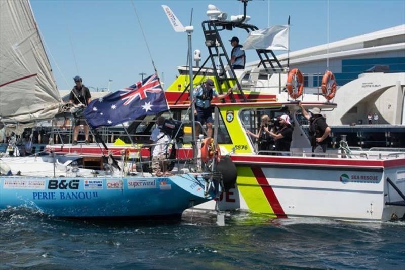 Sea Rescue aids in transfer of crew and media to and from Peri Banou II as Jon sails to the Royal Perth Yacht Club pontoons. - photo © Port Officer David Hayes